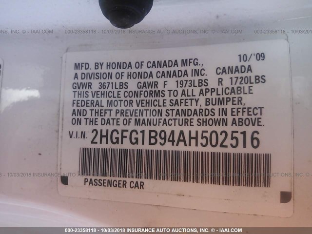 2HGFG1B94AH502516 - 2010 HONDA CIVIC EXL 白色 照片 9