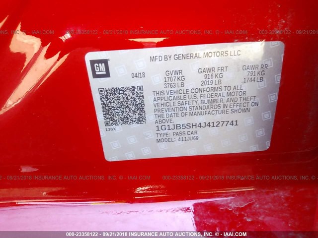 1G1JB5SH4J4127741 - 2018 CHEVROLET SONIC LS RED photo 9