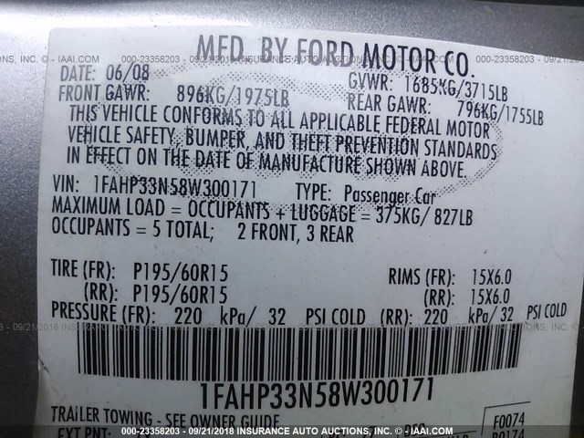 1FAHP33N58W300171 - 2008 FORD FOCUS SE/SEL/SES GRAY photo 9