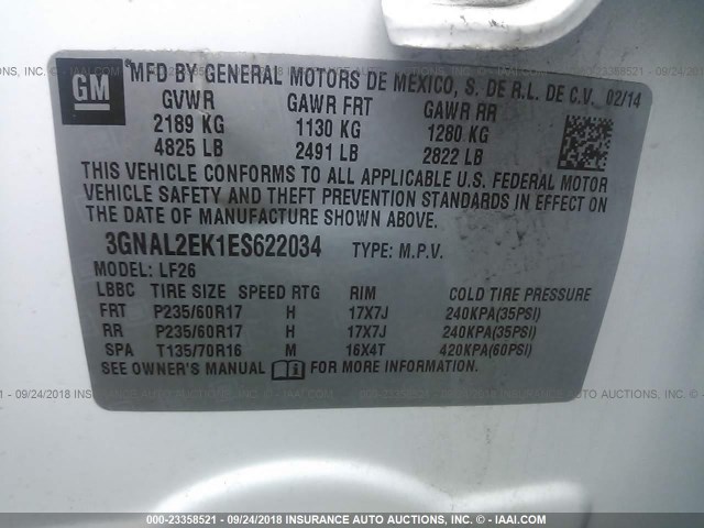 3GNAL2EK1ES622034 - 2014 CHEVROLET CAPTIVA LS 白色 照片 9