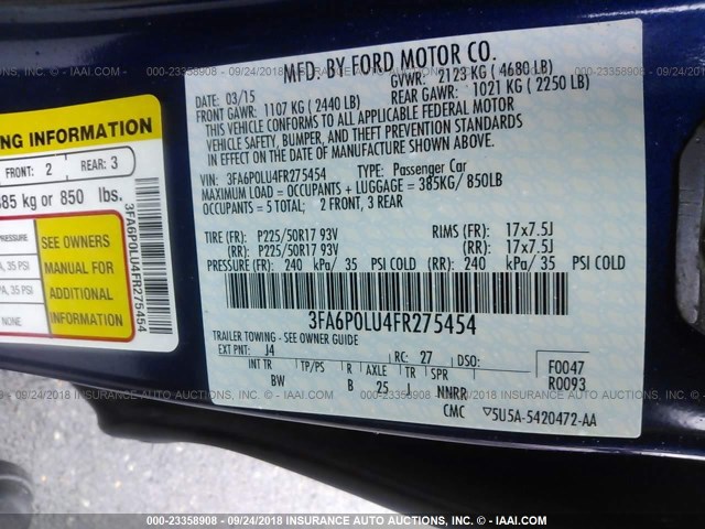 3FA6P0LU4FR275454 - 2015 FORD FUSION SE HYBRID BLUE photo 9