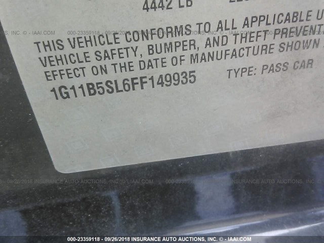 1G11B5SL6FF149935 - 2015 CHEVROLET MALIBU LS 灰色 照片 9