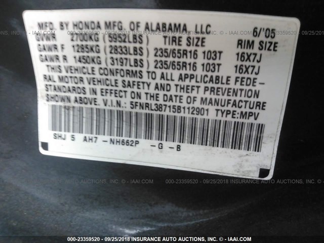 5FNRL38715B112901 - 2005 HONDA ODYSSEY EXL BLUE photo 9