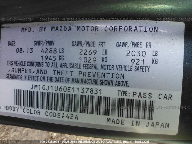 JM1GJ1U60E1137831 - 2014 MAZDA 6 SPORT GRAY photo 9