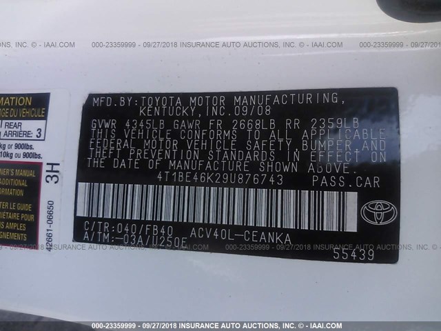 4T1BE46K29U876743 - 2009 TOYOTA CAMRY SE/LE/XLE WHITE photo 9