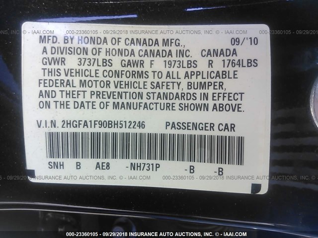 2HGFA1F90BH512246 - 2011 HONDA CIVIC EXL BLACK photo 9