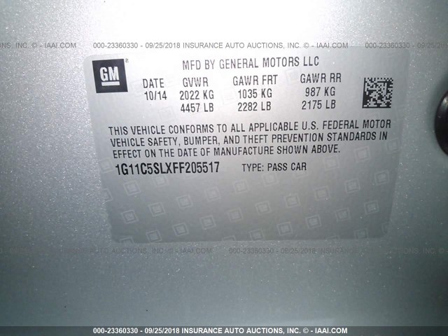 1G11C5SLXFF205517 - 2015 CHEVROLET MALIBU 1LT SILVER photo 9
