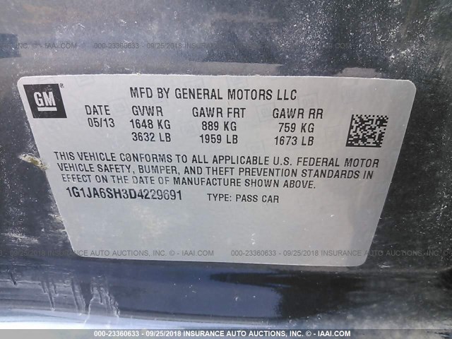 1G1JA6SH3D4229691 - 2013 CHEVROLET SONIC LS 灰色 照片 9