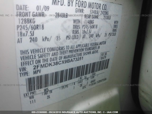 2FMDK38CX9BA73251 - 2009 FORD EDGE SEL WHITE photo 9