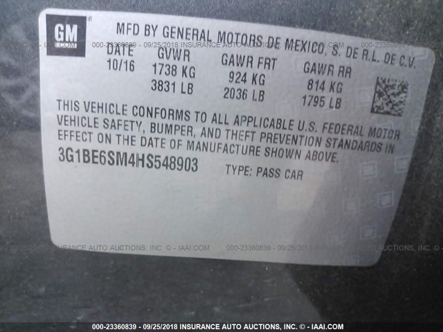 3G1BE6SM4HS548903 - 2017 CHEVROLET CRUZE LT GRAY photo 9