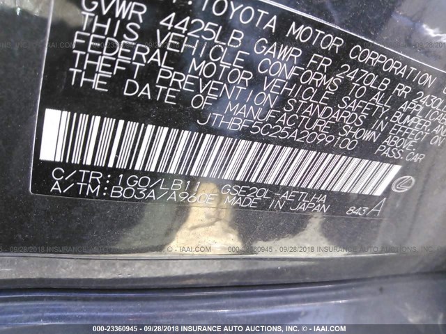 JTHBF5C25A2099100 - 2010 LEXUS IS 250 GRAY photo 9