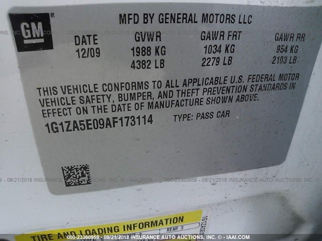 1G1ZA5E09AF173114 - 2010 CHEVROLET MALIBU LS თეთრი ფოტო 9