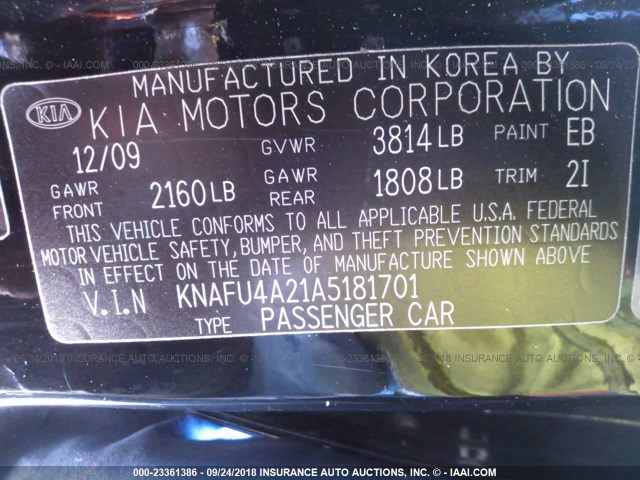 KNAFU4A21A5181701 - 2010 KIA FORTE EX BLACK photo 9