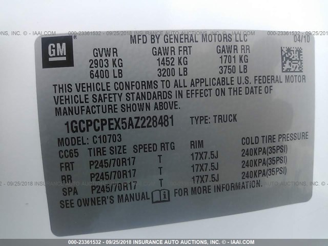 1GCPCPEX5AZ228481 - 2010 CHEVROLET SILVERADO C1500 WHITE photo 9