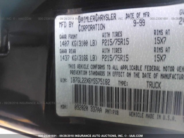 1B7GL22X6YS575182 - 2000 DODGE DAKOTA BLACK photo 9