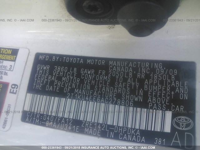 2T1KU4EE6AC278806 - 2010 TOYOTA COROLLA MATRIX  WHITE photo 9