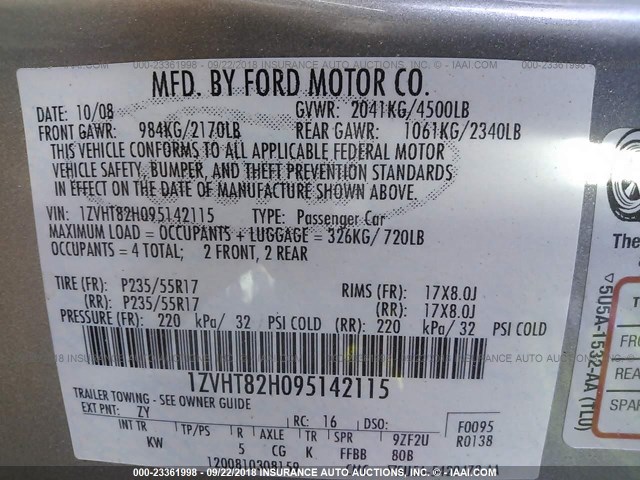 1ZVHT82H095142115 - 2009 FORD MUSTANG GT GRAY photo 9