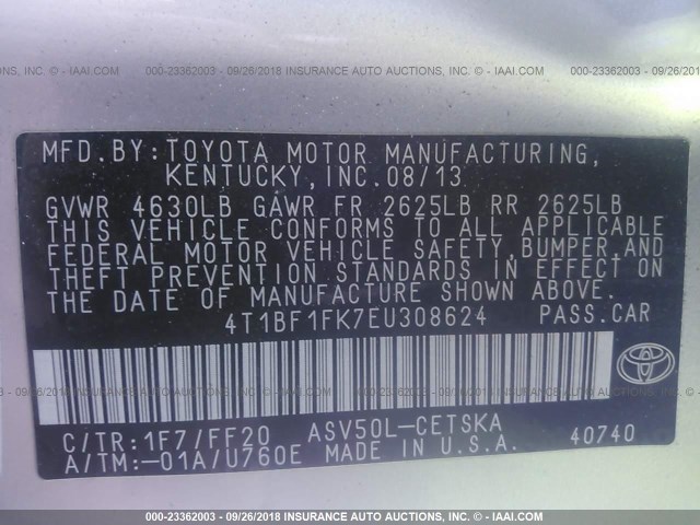 4T1BF1FK7EU308624 - 2014 TOYOTA CAMRY L/SE/LE/XLE 银色 照片 9