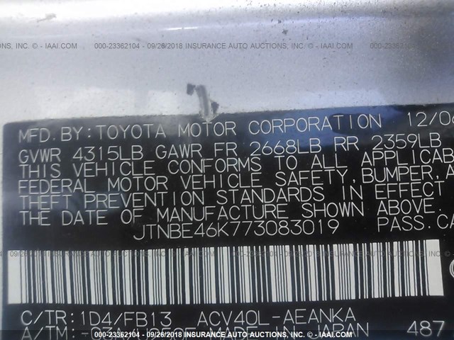 JTNBE46K773083019 - 2007 TOYOTA CAMRY NEW GENERAT CE/LE/XLE/SE SILVER photo 9