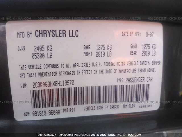 2C3KA63HX8H119972 - 2008 CHRYSLER 300C GRAY photo 9