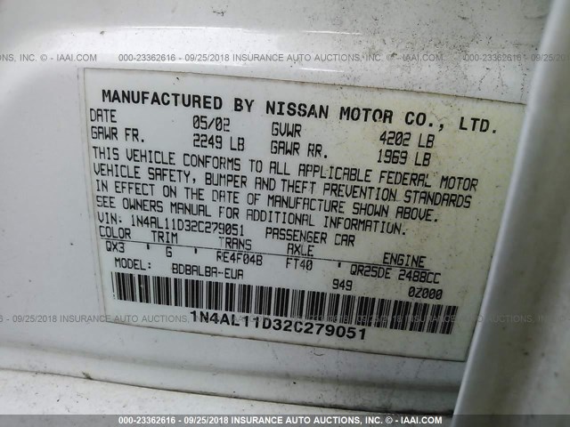 1N4AL11D32C279051 - 2002 NISSAN ALTIMA S/SL WHITE photo 9