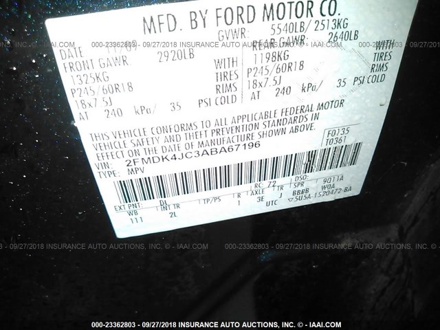 2FMDK4JC3ABA67196 - 2010 FORD EDGE SEL BLACK photo 9