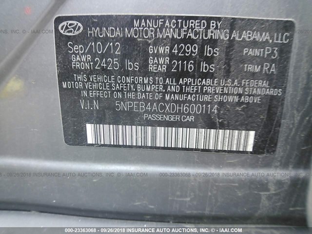 5NPEB4ACXDH600114 - 2013 HYUNDAI SONATA GLS GRAY photo 9