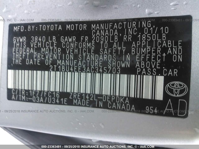 2T1BU4EE3AC345703 - 2010 TOYOTA COROLLA S/LE/XLE SILVER photo 9