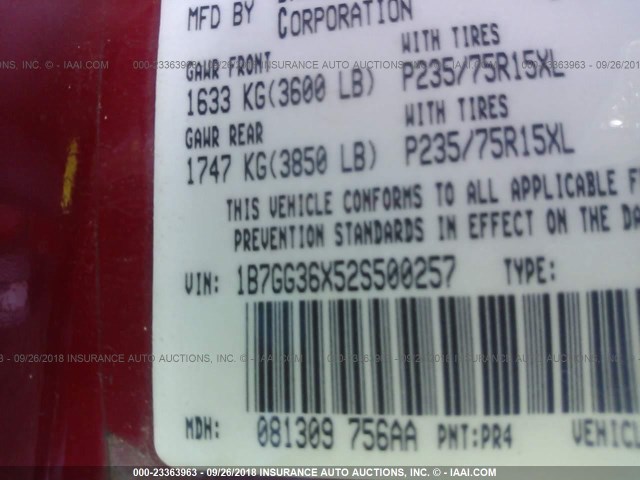 1B7GG36X52S500257 - 2002 DODGE DAKOTA SPORT/RT RED photo 9