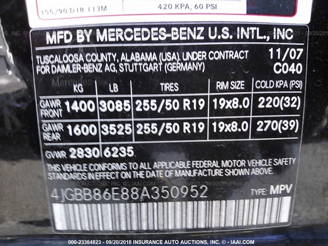 4JGBB86E88A350952 - 2008 MERCEDES-BENZ ML 350 4MATIC BLACK photo 9