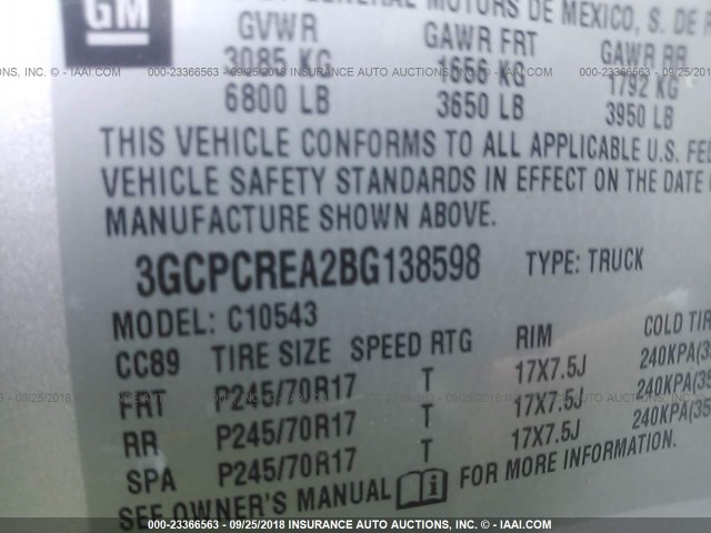 3GCPCREA2BG138598 - 2011 CHEVROLET SILVERADO C1500  LS SILVER photo 9