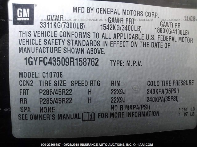 1GYFC43509R158762 - 2009 CADILLAC ESCALADE HYBRID BLACK photo 9