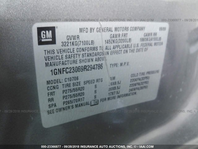 1GNFC23069R294786 - 2009 CHEVROLET TAHOE C1500 LT GRAY photo 9