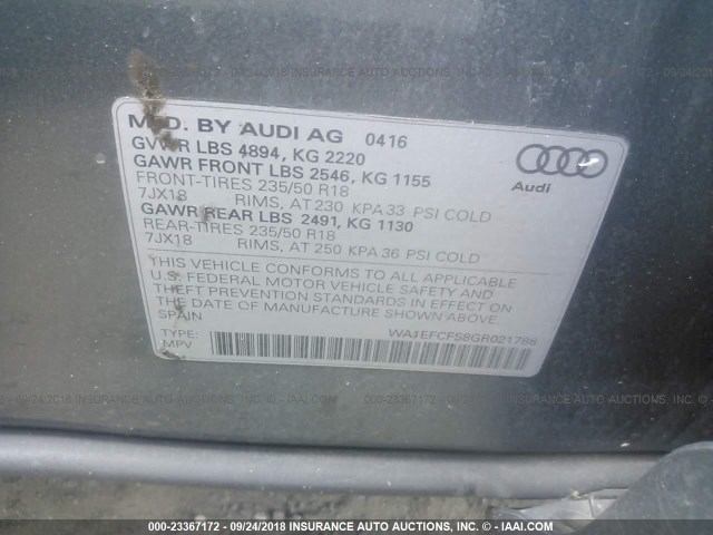 WA1EFCFS8GR021788 - 2016 AUDI Q3 PREMIUM PLUS GRAY photo 9