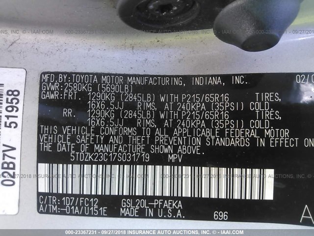 5TDZK23C17S031719 - 2007 TOYOTA SIENNA CE/LE GRAY photo 9