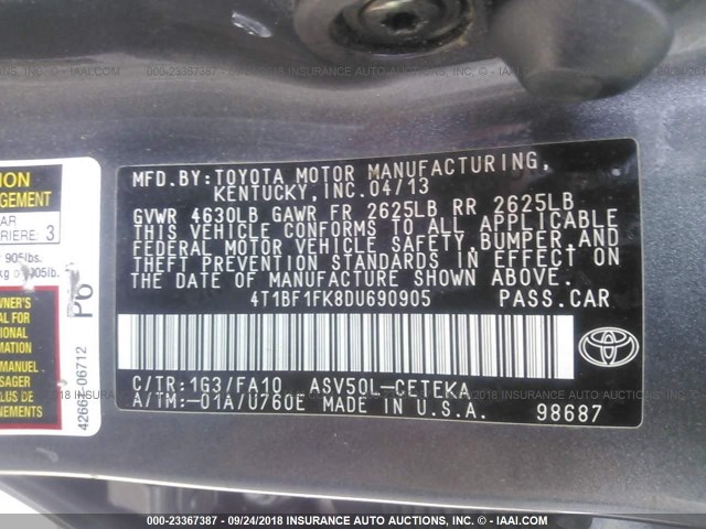 4T1BF1FK8DU690905 - 2013 TOYOTA CAMRY L/SE/LE/XLE Boz foto 9