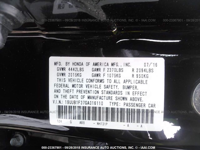 19UUB1F37GA016110 - 2016 ACURA TLX BLACK photo 9