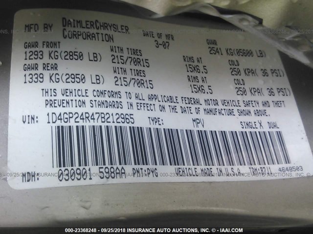 1D4GP24R47B212965 - 2007 DODGE GRAND CARAVAN SE GOLD photo 9