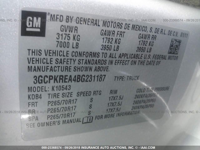 3GCPKREA4BG231187 - 2011 CHEVROLET SILVERADO K1500 LS SILVER photo 9