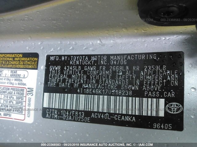 4T1BE46K17U518238 - 2007 TOYOTA CAMRY NEW GENERAT CE/LE/XLE/SE SILVER photo 9