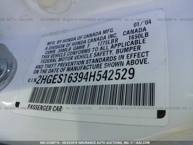 2HGES16394H542529 - 2004 HONDA CIVIC DX VP 白色 照片 9