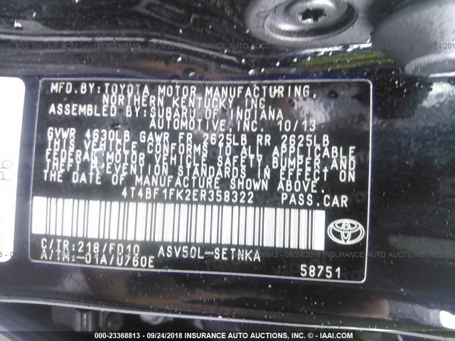 4T4BF1FK2ER358322 - 2014 TOYOTA CAMRY L/SE/LE/XLE 黑色 照片 9