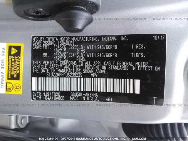 5TDZZRFH1JS239229 - 2018 TOYOTA HIGHLANDER LE/LE PLUS SILVER photo 9