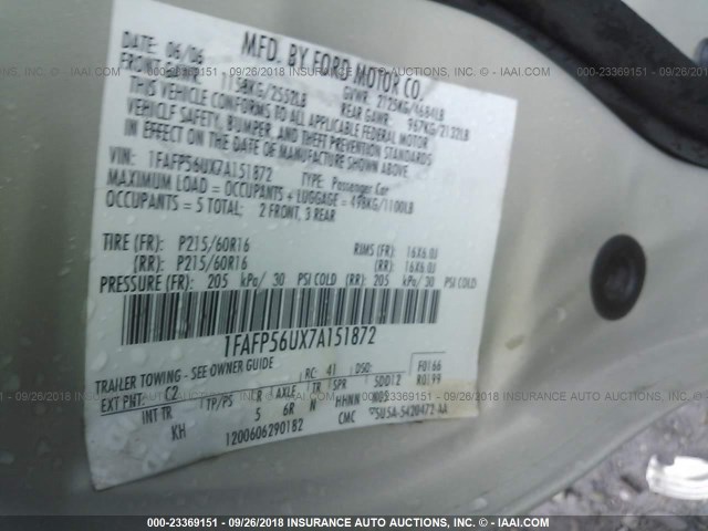 1FAFP56UX7A151872 - 2007 FORD TAURUS SEL TAN photo 9