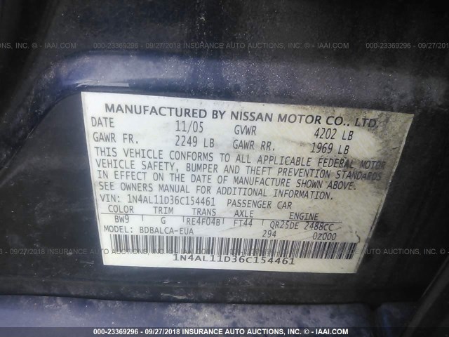 1N4AL11D36C154461 - 2006 NISSAN ALTIMA S/SL BLUE photo 9