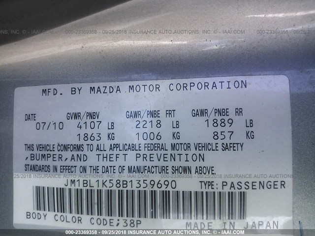 JM1BL1K58B1359690 - 2011 MAZDA 3 S SILVER photo 9