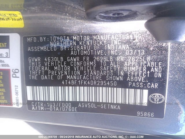 4T4BF1FK4DR295450 - 2013 TOYOTA CAMRY L/SE/LE/XLE GRAY photo 9