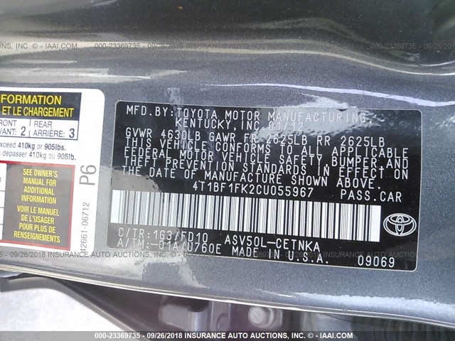 4T1BF1FK2CU055967 - 2012 TOYOTA CAMRY SE/LE/XLE 灰色 照片 9