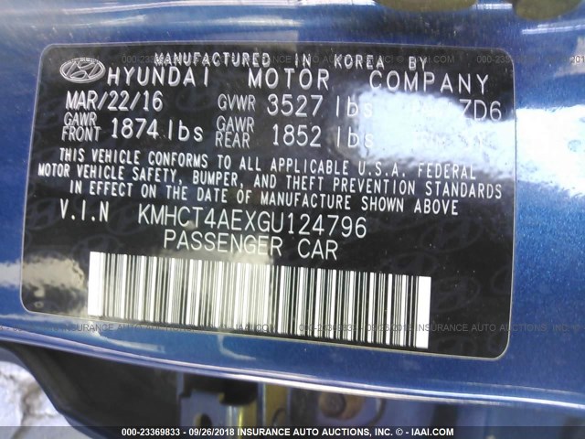 KMHCT4AEXGU124796 - 2016 HYUNDAI ACCENT SE BLUE photo 9