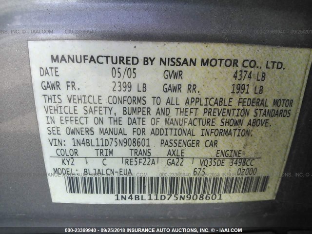 1N4BL11D75N908601 - 2005 NISSAN ALTIMA Pewter photo 9